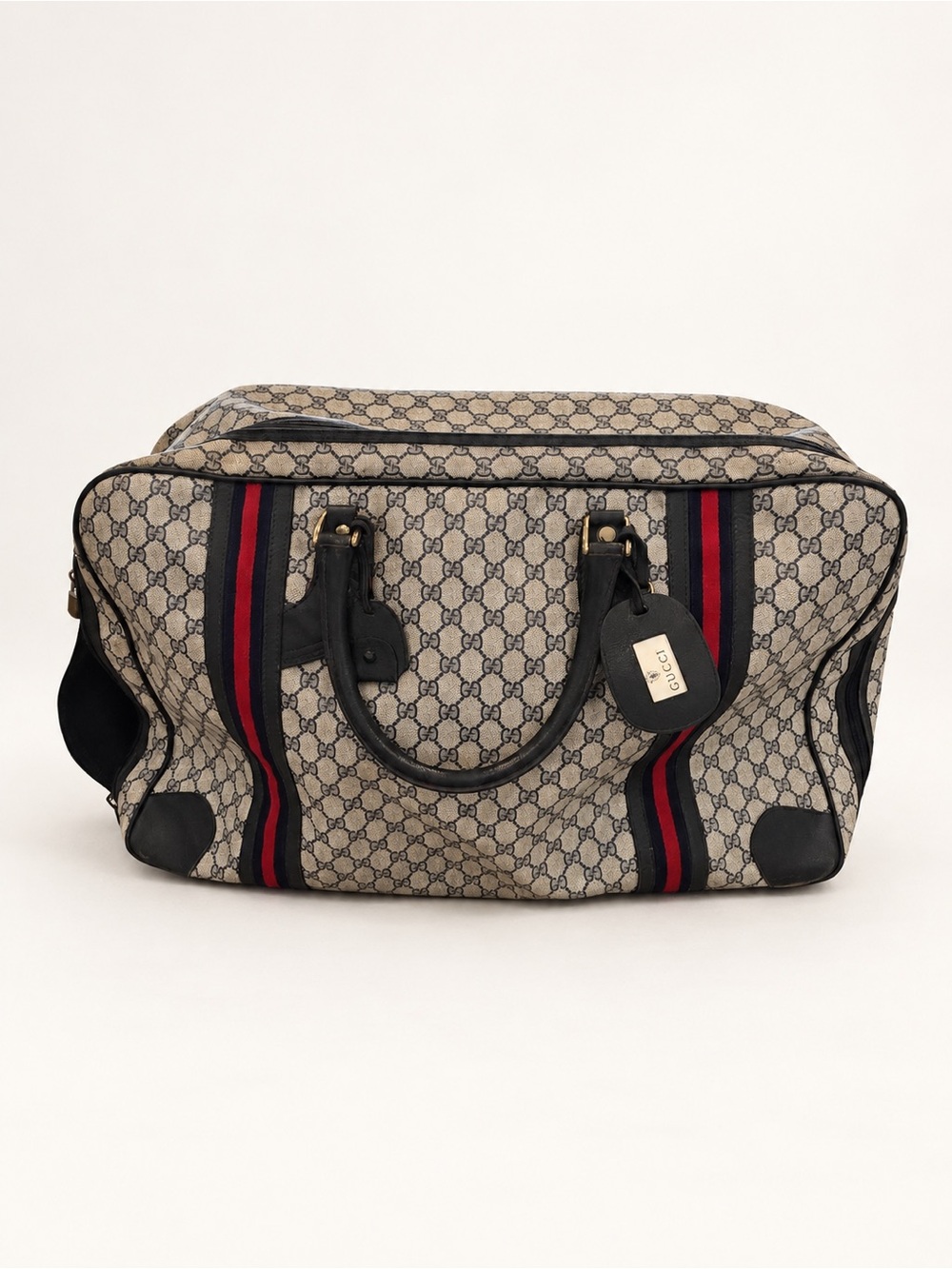Gucci Beige GG Supreme Duffle with Navy and Red Web Stripes